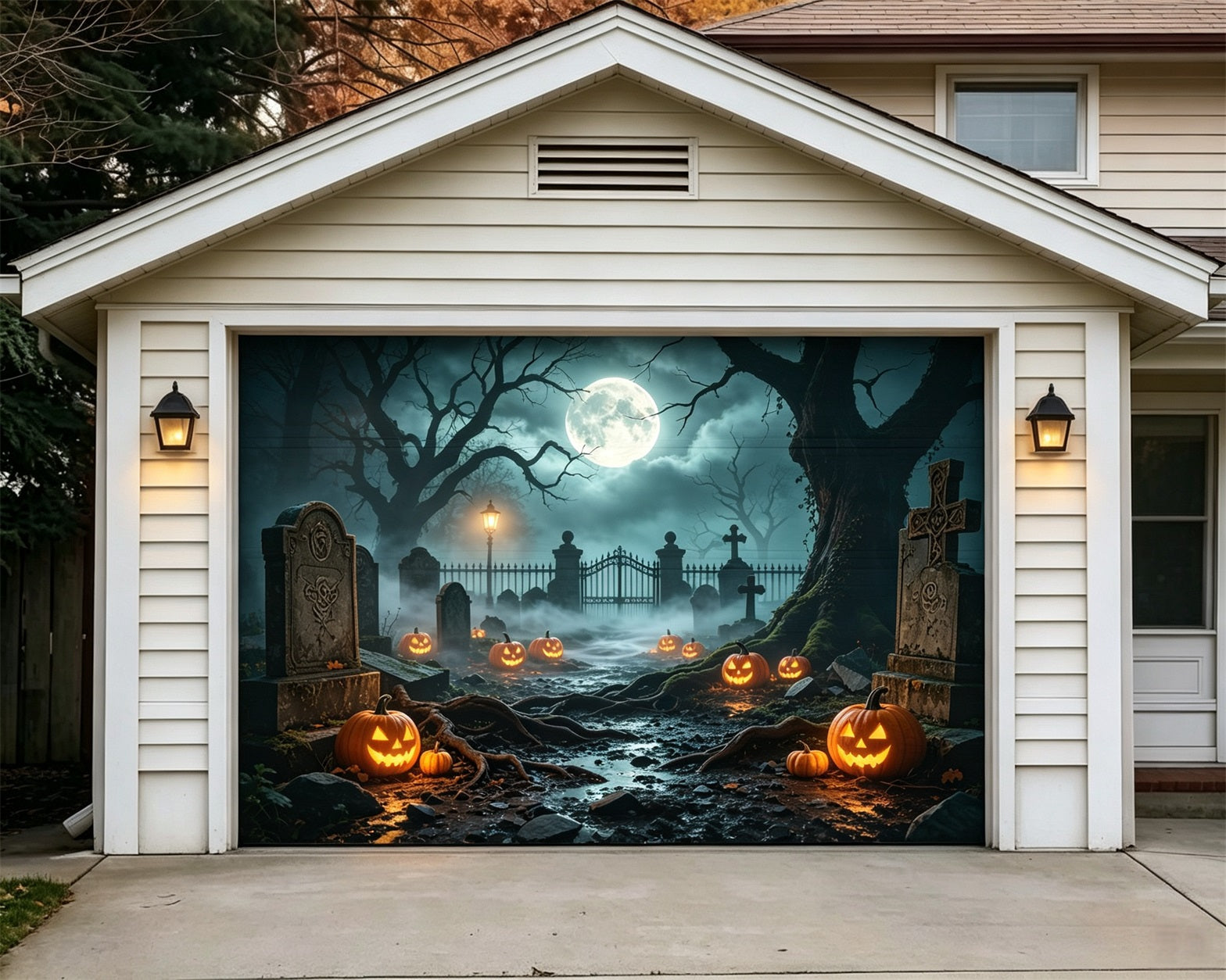 Graveyard Halloween Garage Door Cover Foggy Pumpkin Path Oversized Halloween Garage Door Decor GQ68-7-1 car