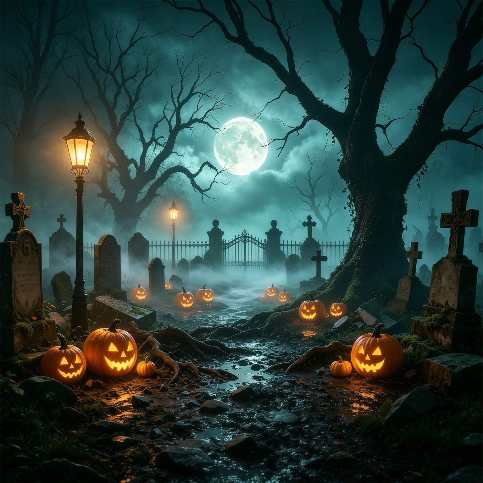 Graveyard Halloween Garage Door Cover Foggy Pumpkin Path Oversized Halloween Garage Door Decor GQ68-7-1 car