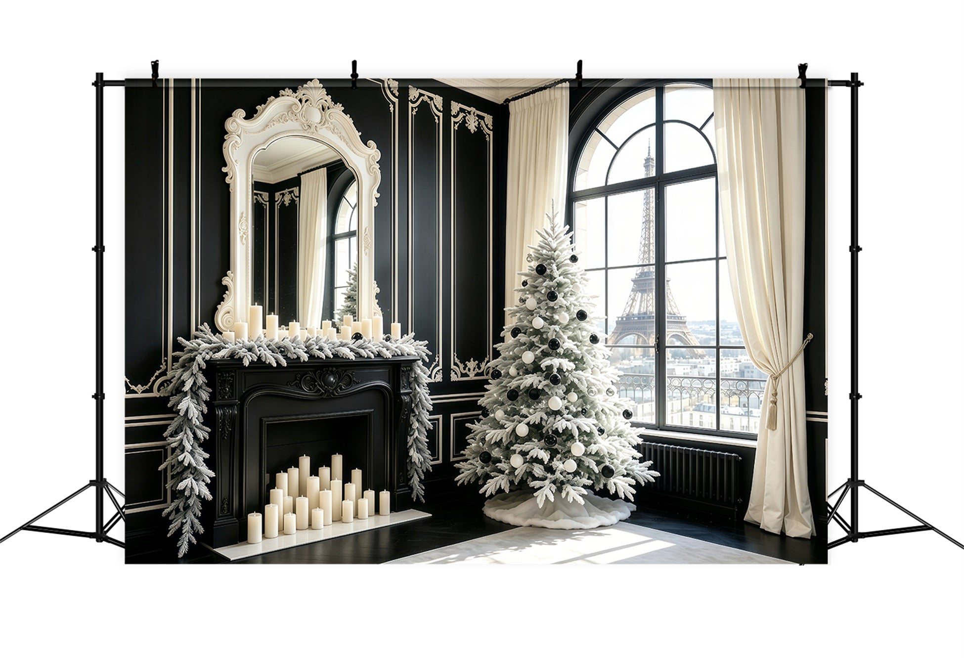 Black Christmas Backdrop Paris Window View Tree Christmas Indoor Backdrop GQ68-70