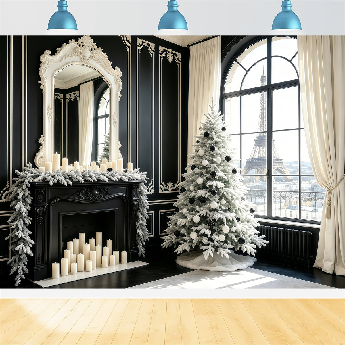 Black Christmas Backdrop Paris Window View Tree Christmas Indoor Backdrop GQ68-70