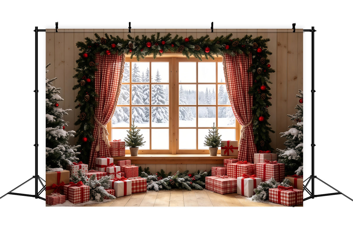 Rustic Christmas Backdrop Gingham Window Gift Display Indoor Christmas Backdrops GQ68-71