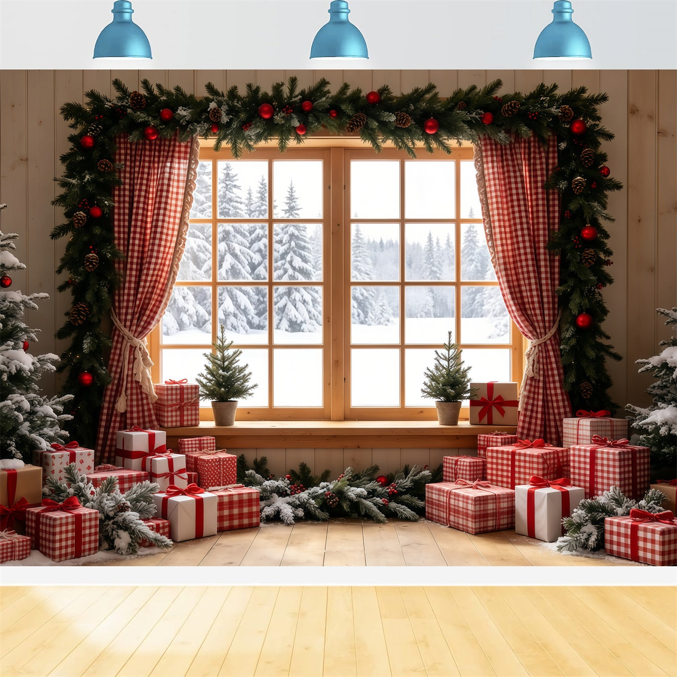 Rustic Christmas Backdrop Gingham Window Gift Display Indoor Christmas Backdrops GQ68-71