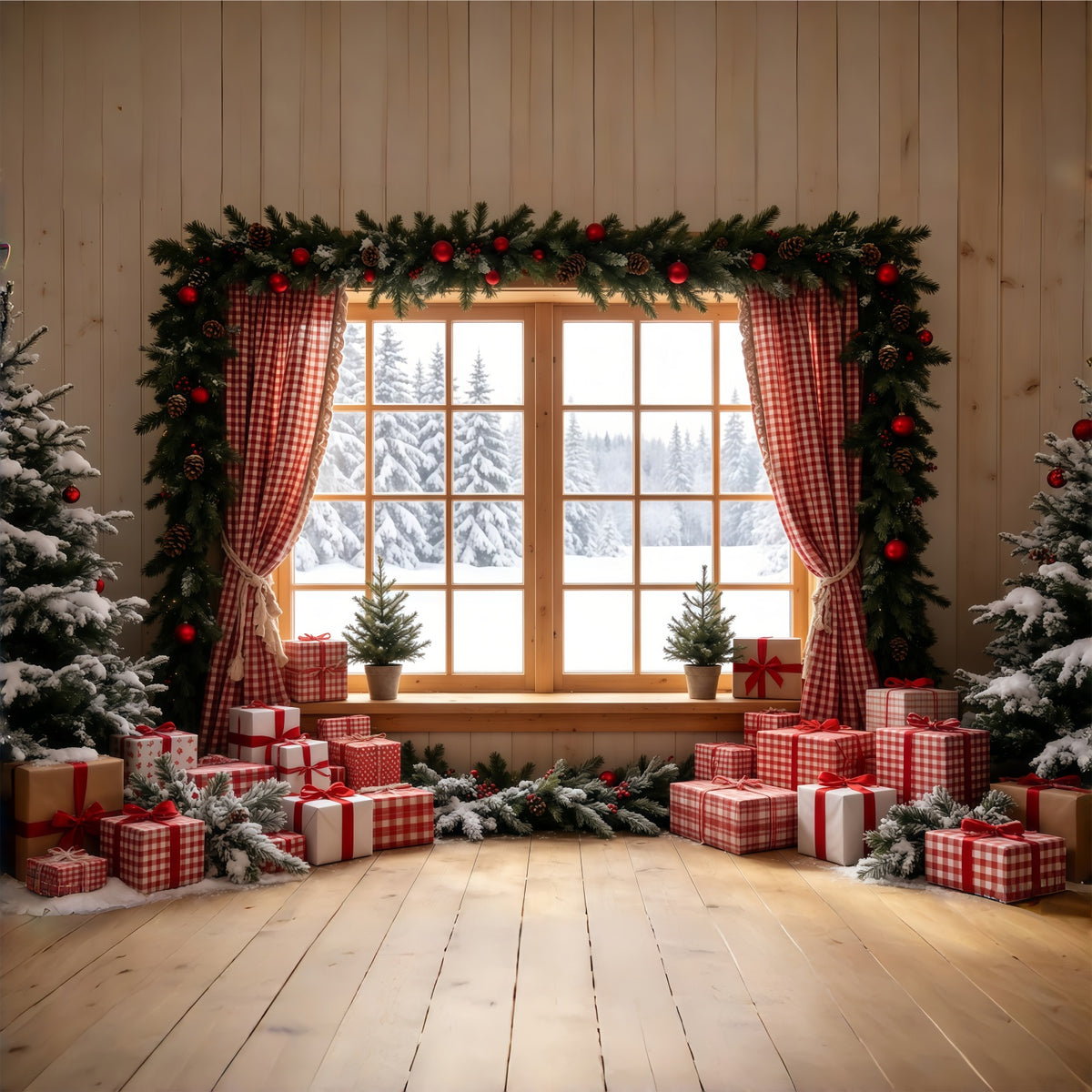 Rustic Christmas Backdrop Gingham Window Gift Display Indoor Christmas Backdrops GQ68-71