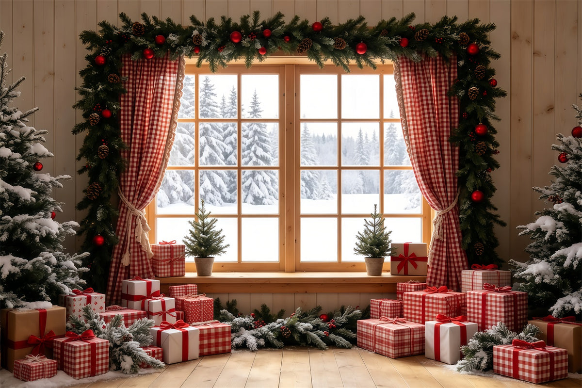 Rustic Christmas Backdrop Gingham Window Gift Display Indoor Christmas Backdrops GQ68-71