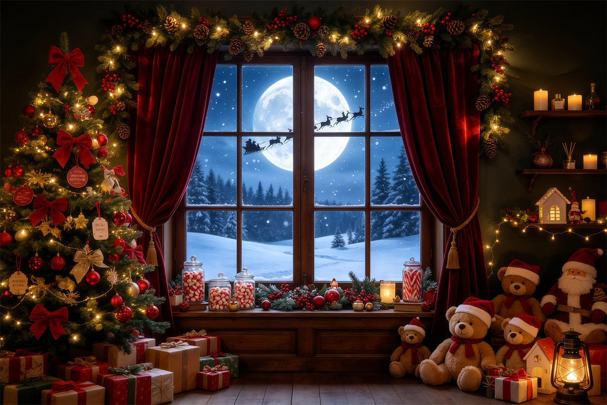 Christmas Night Backdrop Moonlit Window Teddy Room Professional Christmas Backdrop GQ68-72