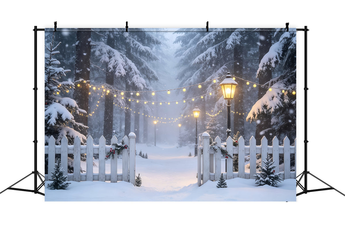 Winter Christmas Backdrop Snowy Forest Light Path Muslin Christmas Backdrop GQ68-74