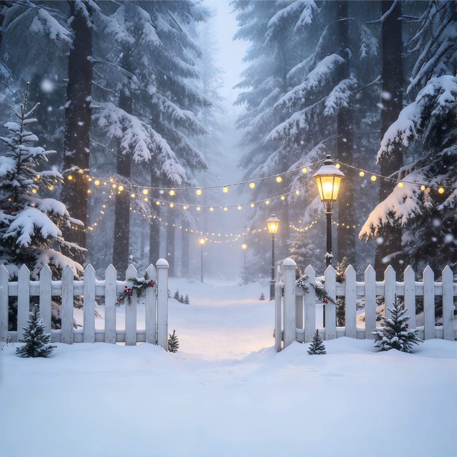 Winter Christmas Backdrop Snowy Forest Light Path Muslin Christmas Backdrop GQ68-74