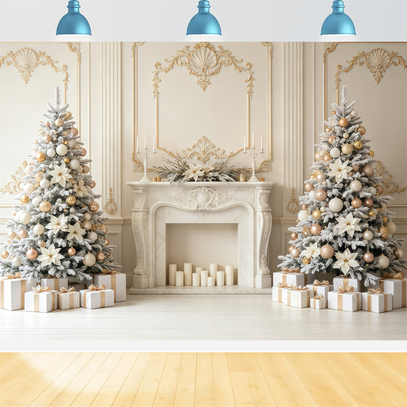 Christmas Wall Backdrop Ivory Gold Fireplace Elegance Christmas Backdrop GQ68-78