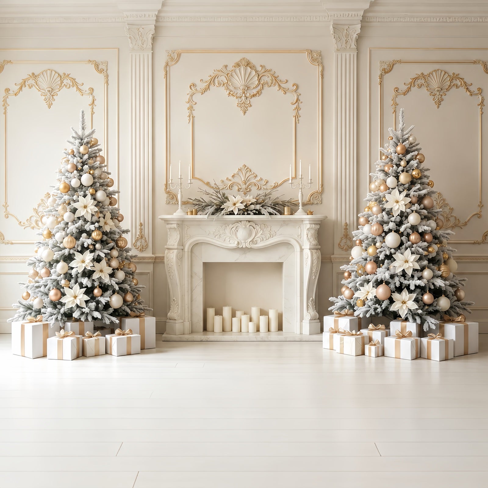 Christmas Wall Backdrop Ivory Gold Fireplace Elegance Christmas Backdrop GQ68-78
