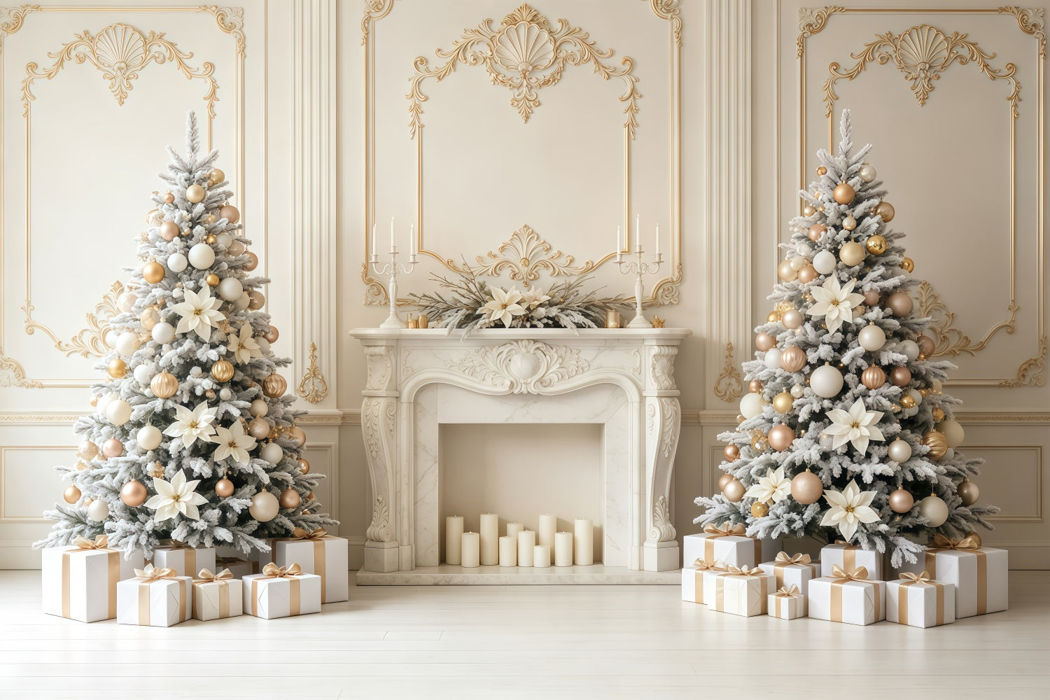 Christmas Wall Backdrop Ivory Gold Fireplace Elegance Christmas Backdrop GQ68-78