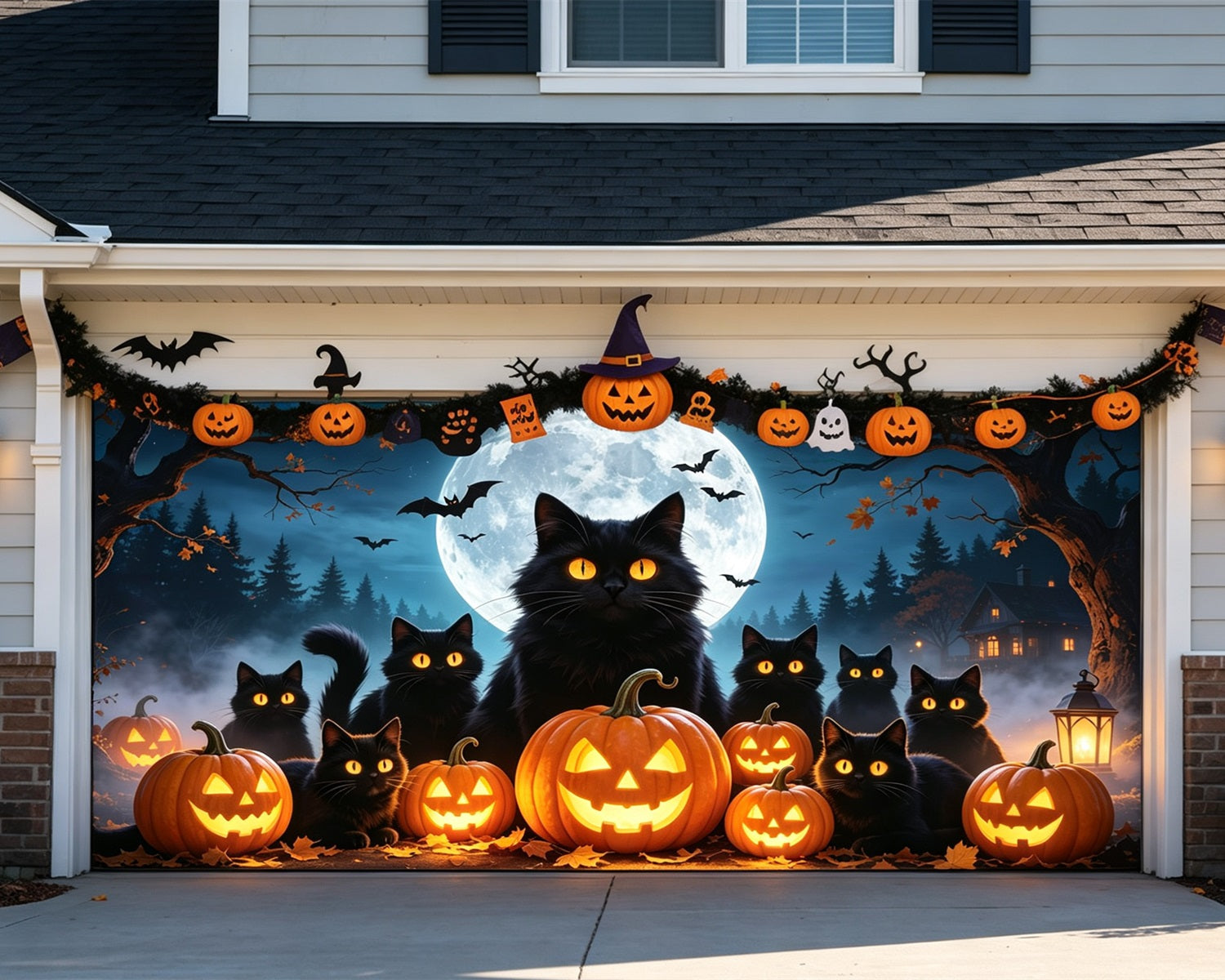 Black Cat Halloween Garage Door Cover Moonlit Pumpkin Lanterns Outdoor Halloween Garage Door Cover GQ68-8-2 car