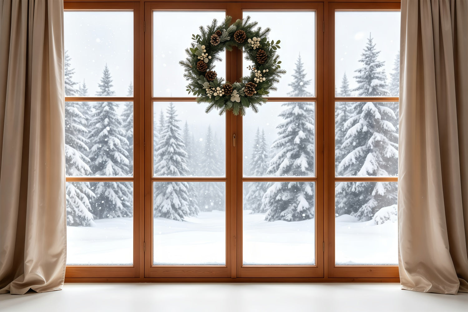 Christmas Window Backdrop Rustic Wreath Snowy Forest Christmas Photo Backdrop GQ68-80