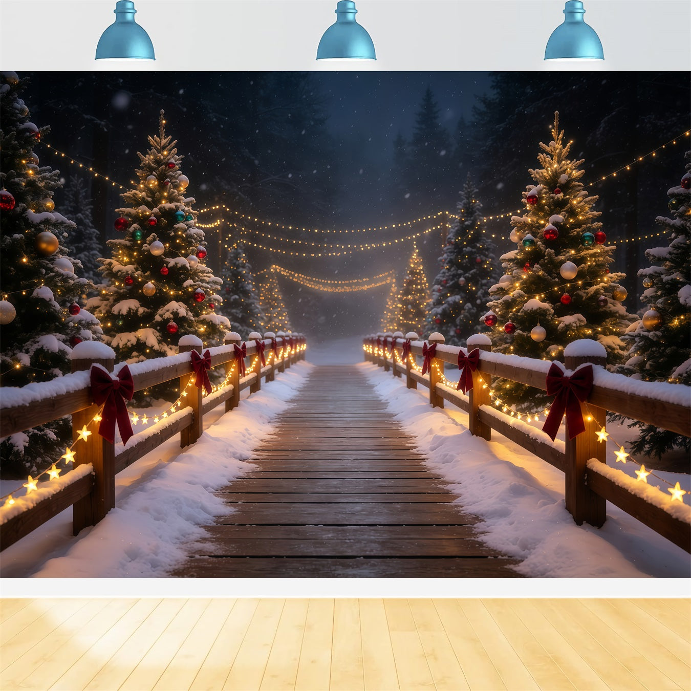 Snowy Christmas Backdrop Glowing Forest Bridge Path Christmas Photography Backdrop GQ68-83