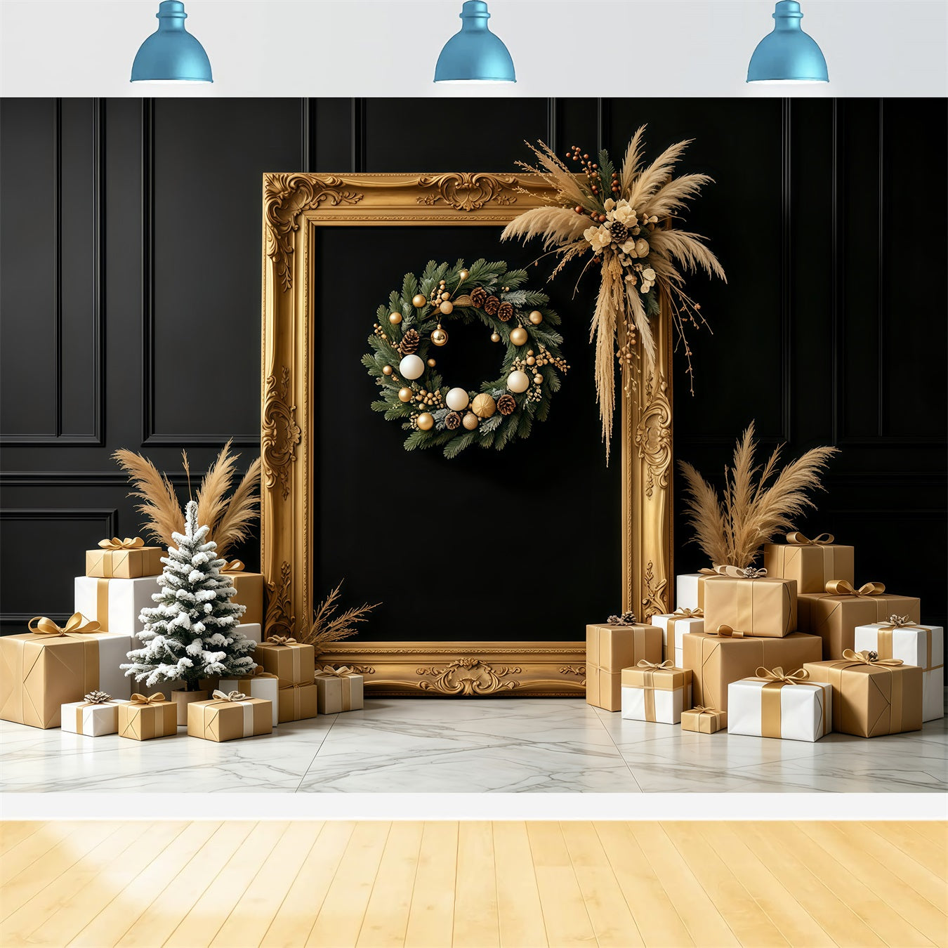 Black And Gold Christmas Backdrop Golden Frame Gift Display Large Christmas Backdrops GQ68-87
