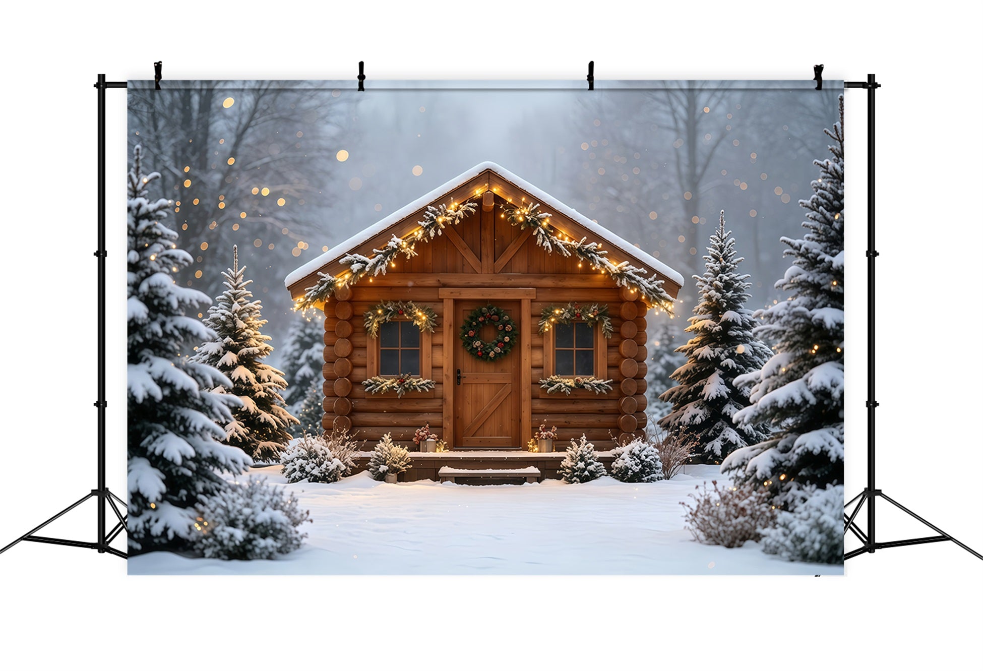 Country Christmas Backdrop Cozy Cabin Snowy Retreat Christmas Wall Backdrop GQ68-88