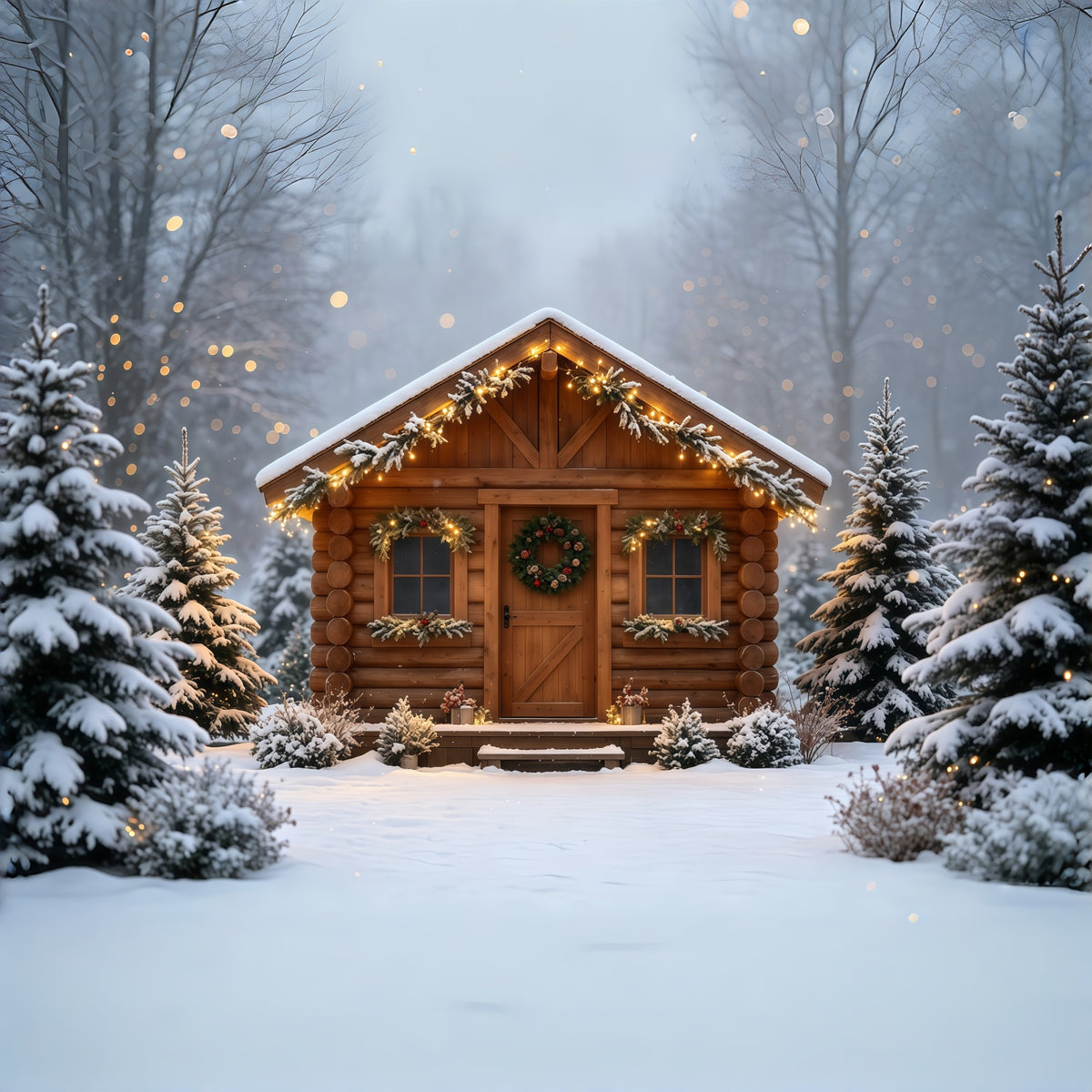 Country Christmas Backdrop Cozy Cabin Snowy Retreat Christmas Wall Backdrop GQ68-88
