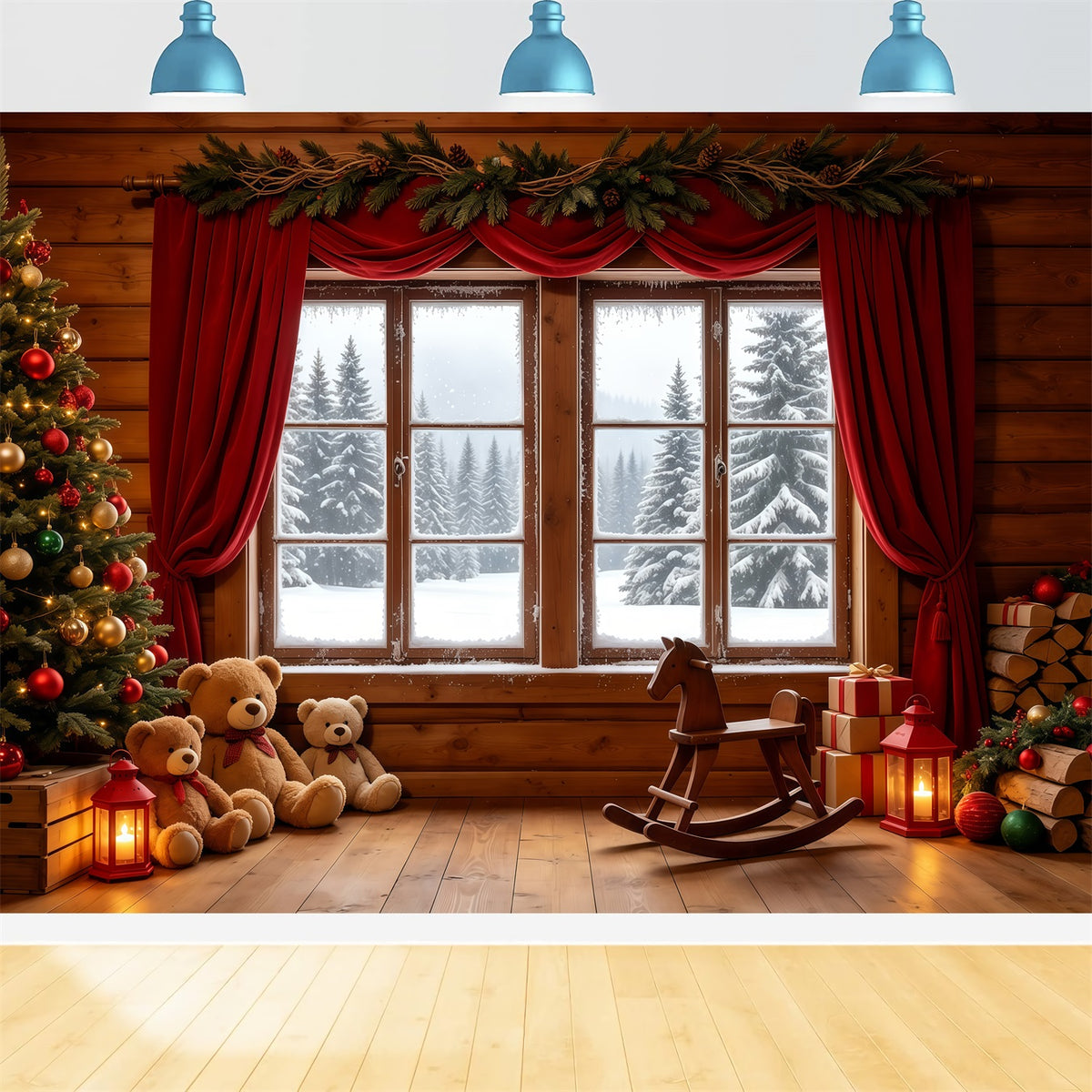 Christmas Cabin Backdrop Rustic Window Teddy Display Photography Christmas Backdrops GQ68-89