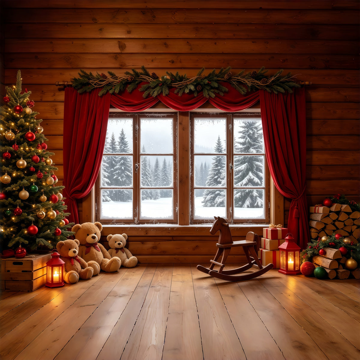 Christmas Cabin Backdrop Rustic Window Teddy Display Photography Christmas Backdrops GQ68-89