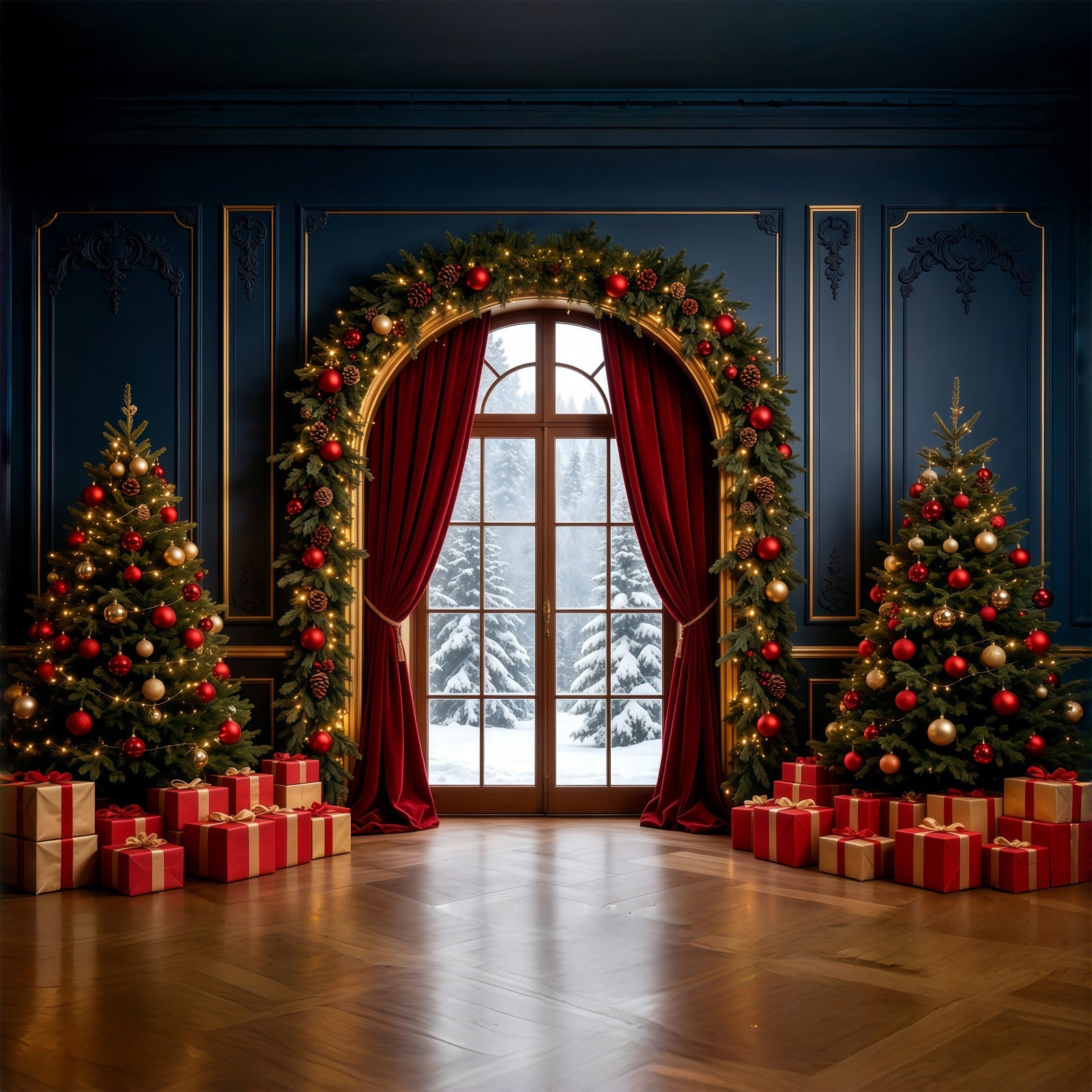 Christmas Living Room Backdrop Elegant Arched Window Decor Large Christmas Backdrop GQ68-90