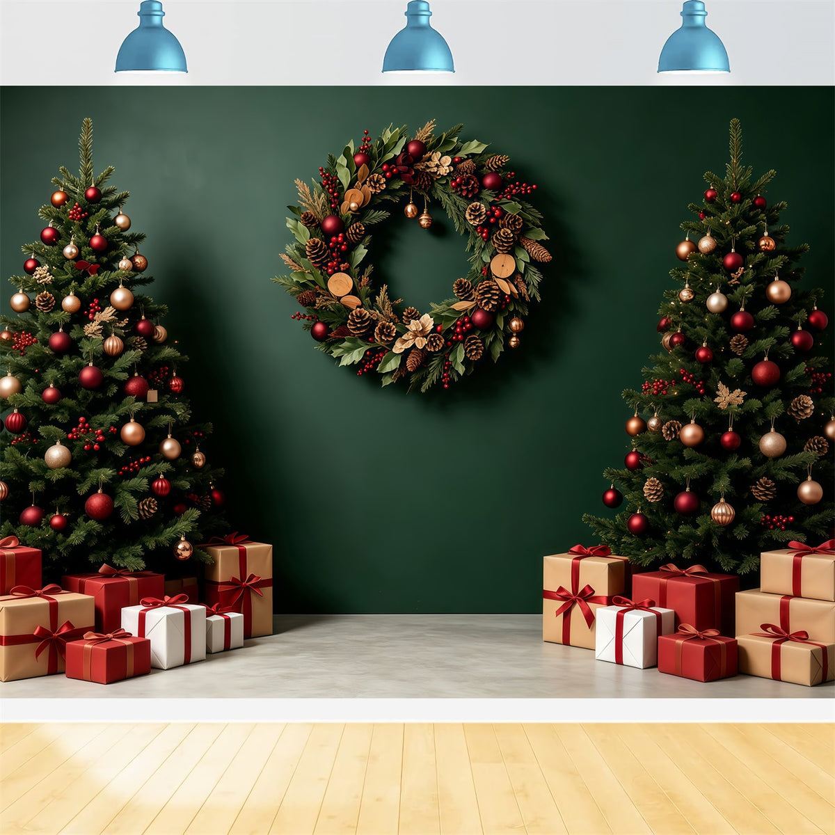Green Christmas Backdrop Tree Wreath Gift Boxes Backdrops Christmas GQ68-91