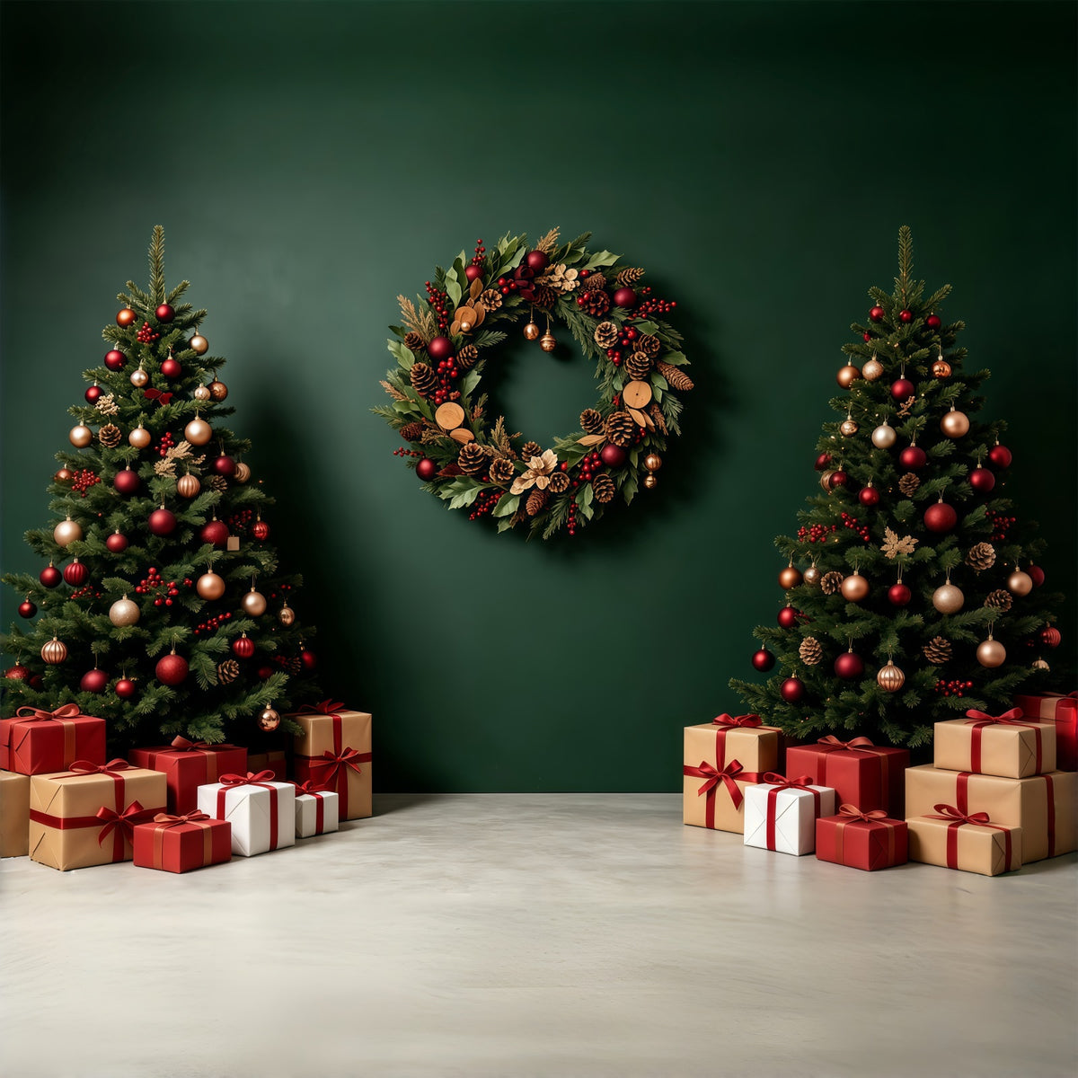 Green Christmas Backdrop Tree Wreath Gift Boxes Backdrops Christmas GQ68-91