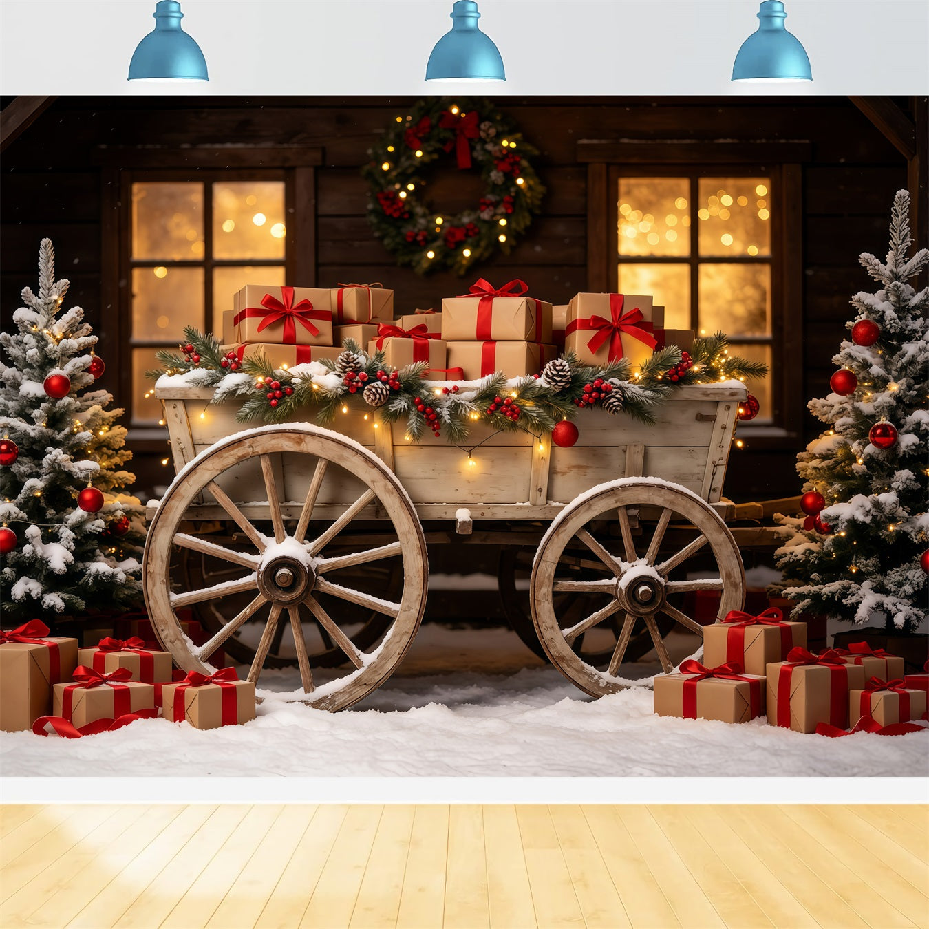 Outdoor Christmas Backdrop Rustic Wagon Gift Display Photography Christmas Backdrop GQ68-92