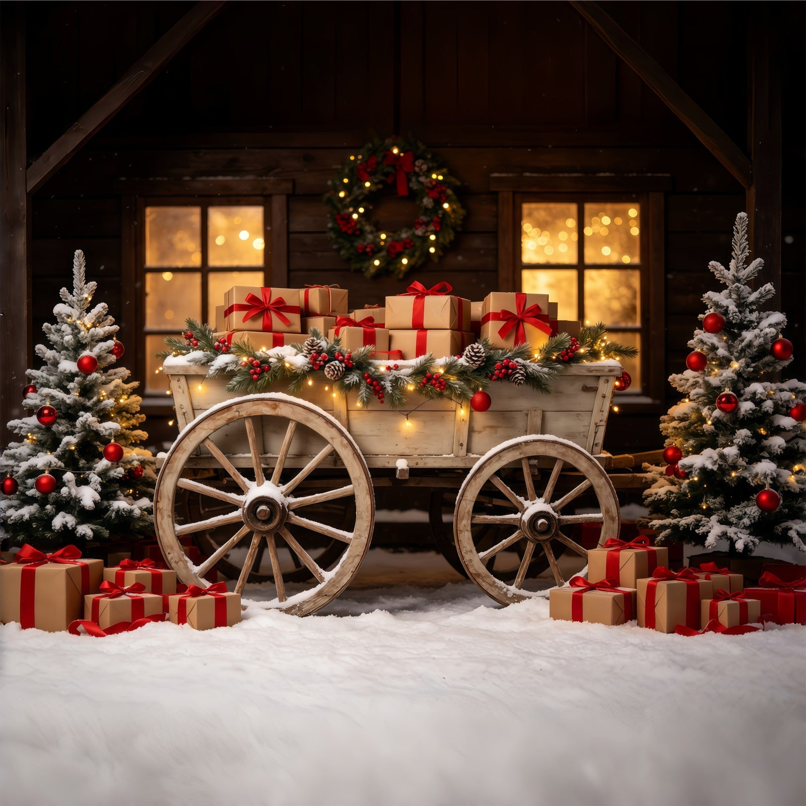 Outdoor Christmas Backdrop Rustic Wagon Gift Display Photography Christmas Backdrop GQ68-92