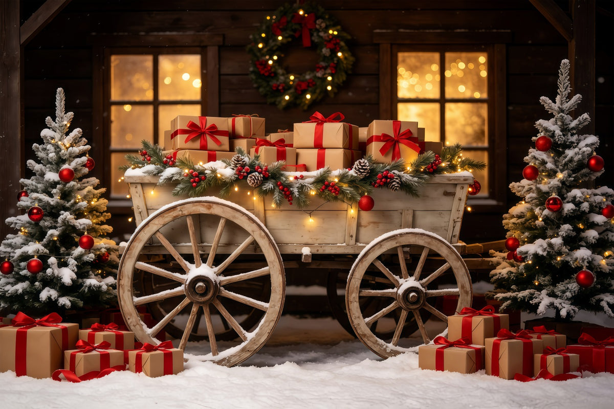 Outdoor Christmas Backdrop Rustic Wagon Gift Display Photography Christmas Backdrop GQ68-92