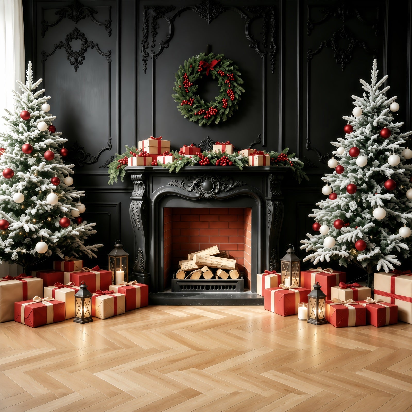 Fireplace Backdrop Christmas Black Mantel Tree Gift Photo Backdrops Christmas GQ68-94