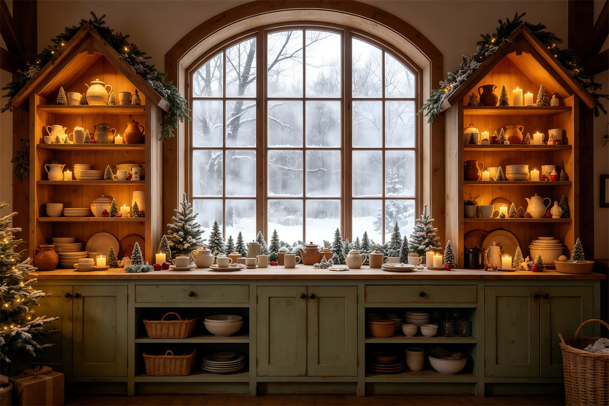 Christmas Kitchen Backdrop Cozy Kitchen Snowy Window Christmas Wall Backdrops GQ68-95