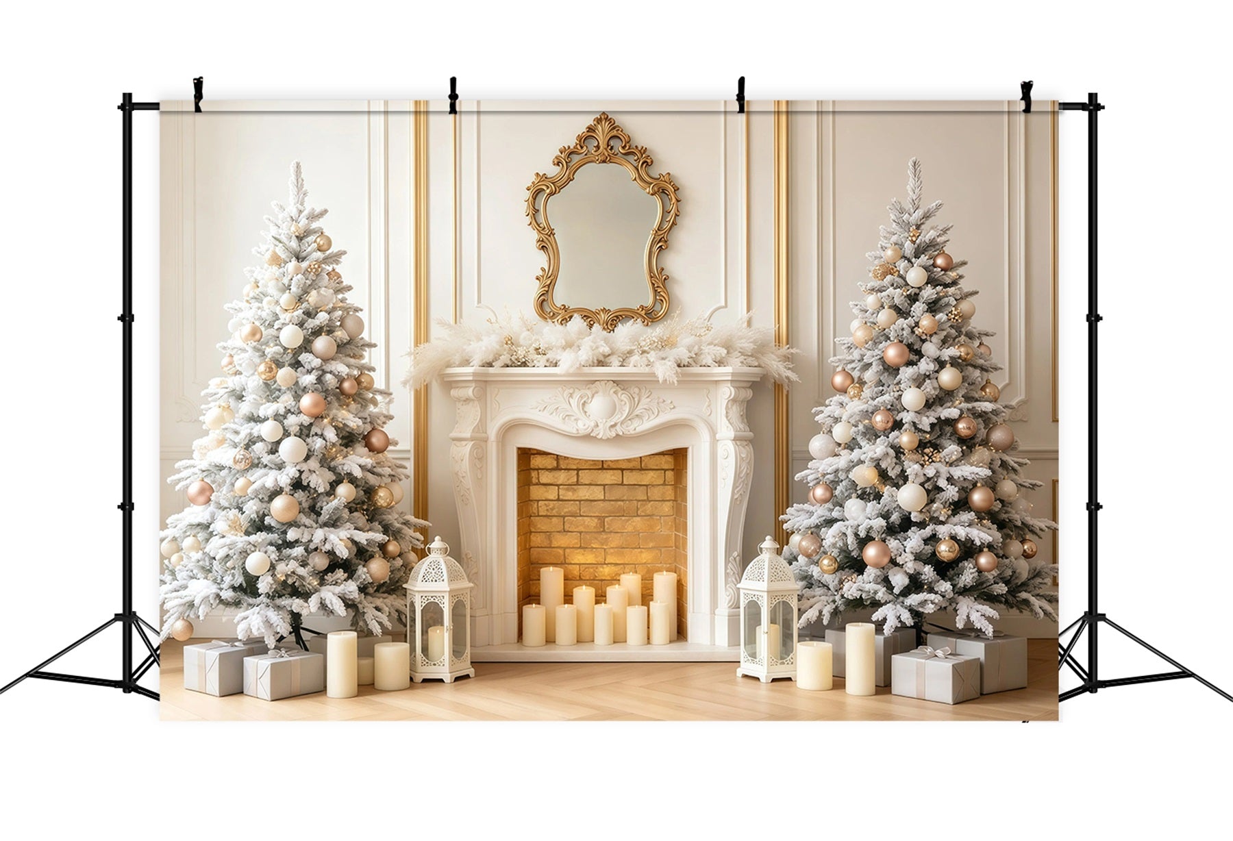 Elegant Christmas Backdrop White Gold Fireplace Tree Photography Backdrop Christmas GQ68-97