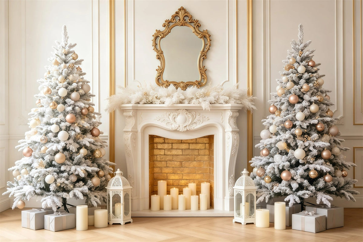 Elegant Christmas Backdrop White Gold Fireplace Tree Photography Backdrop Christmas GQ68-97