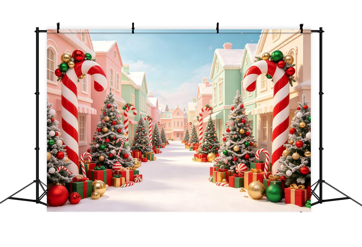 Christmas Village Backdrop Candy Cane Trees Street Indoor Christmas Backdrop GQ68-98