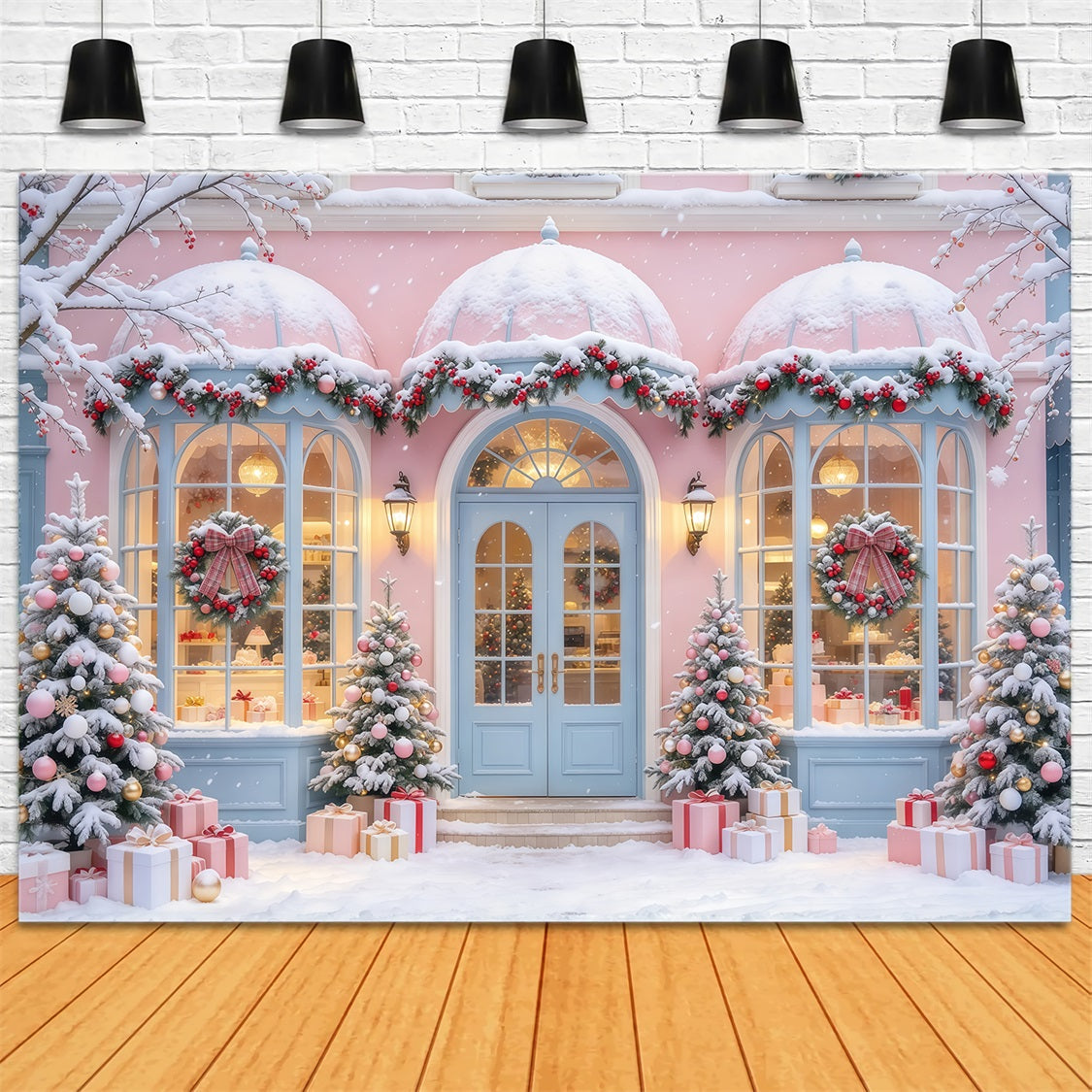 Christmas Family Backdrop Pastel Snowy Shopfront Display Pink Christmas Backdrops GQ69-102