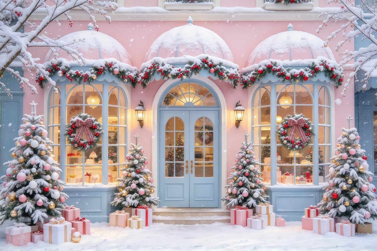 Christmas Family Backdrop Pastel Snowy Shopfront Display Pink Christmas Backdrops GQ69-102