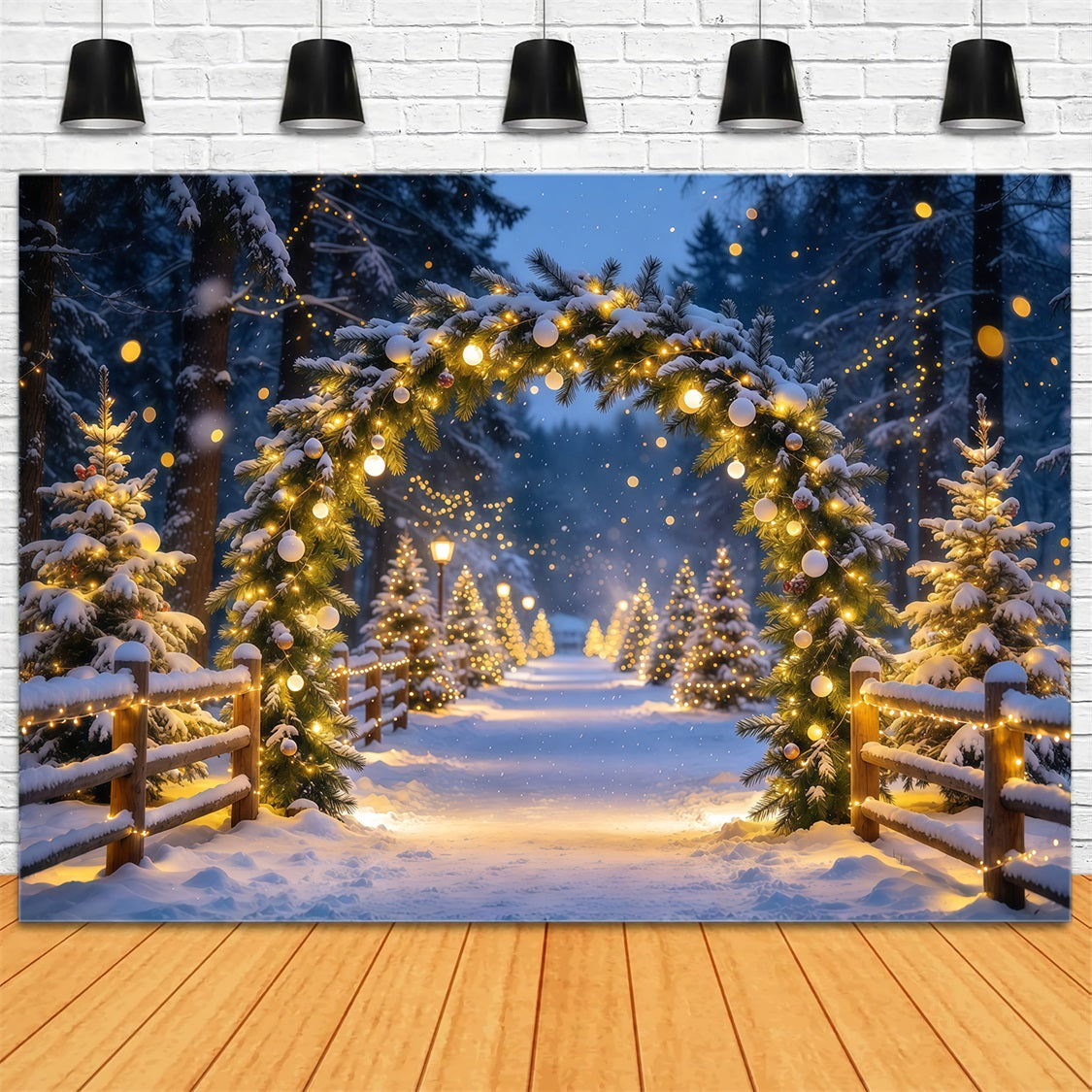Christmas Backdrop With Lights Snowy Forest Lighted Arch Christmas Bokeh Backdrop GQ69-103