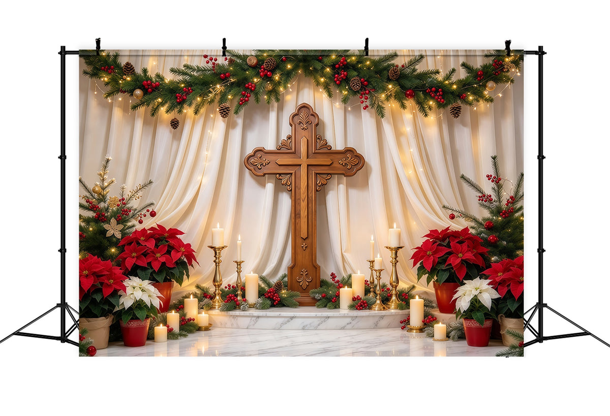 Religious Christmas Backdrops Candlelit Cross Poinsettia Christian Christmas Backdrops GQ69-106