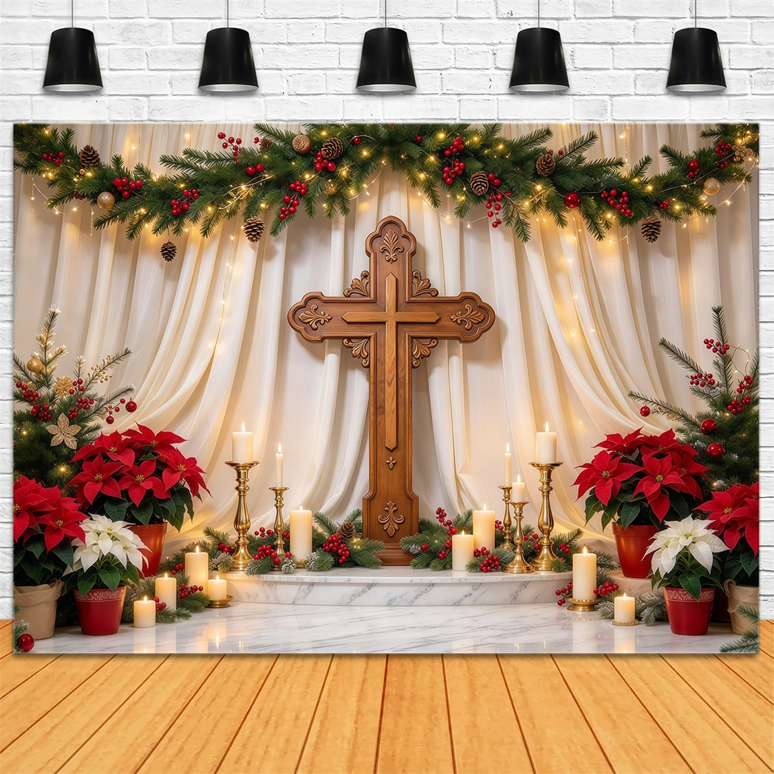 Religious Christmas Backdrops Candlelit Cross Poinsettia Christian Christmas Backdrops GQ69-106