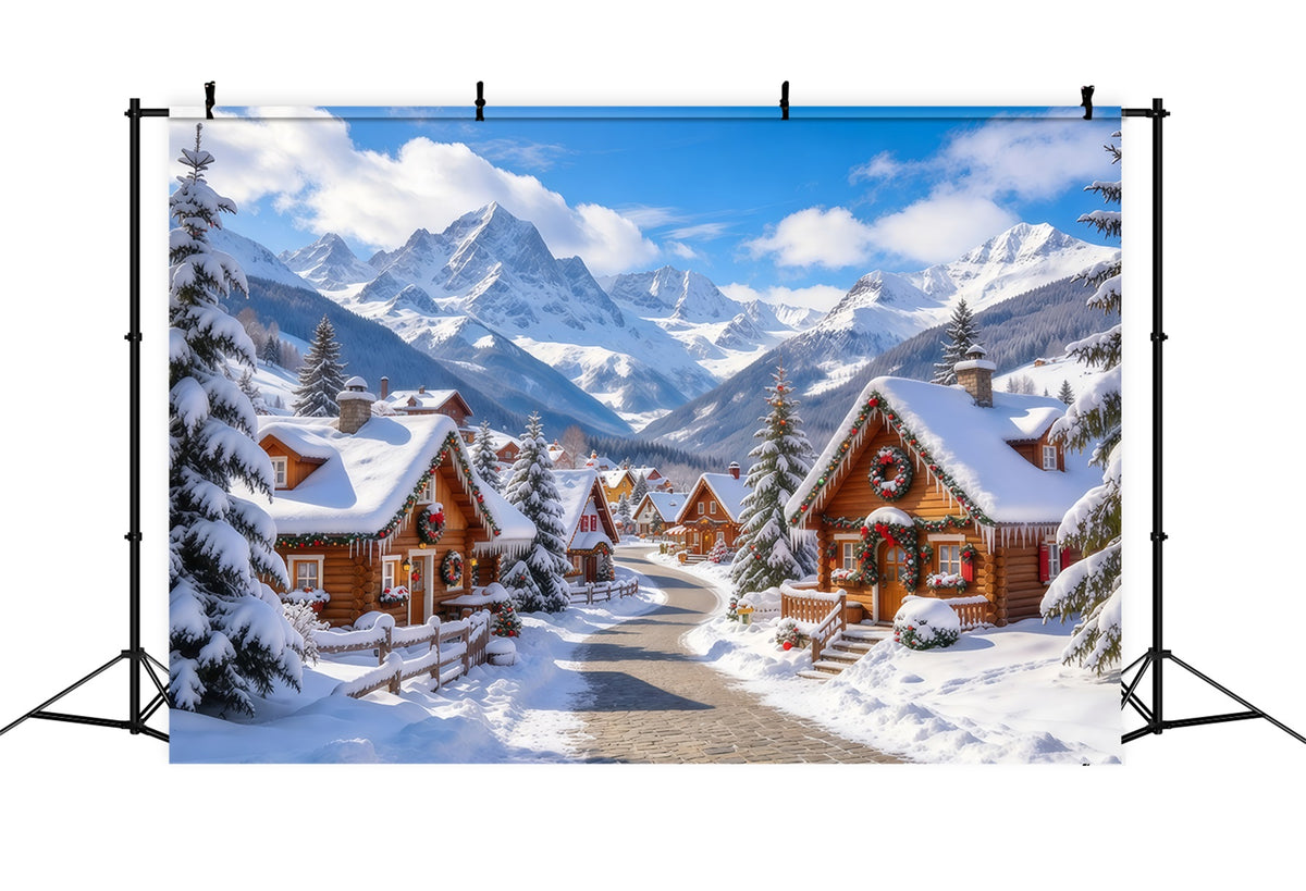 Christmas Village Backdrop Snowy Alpine Cabin Countryside Christmas Backdrop Cloth GQ69-107