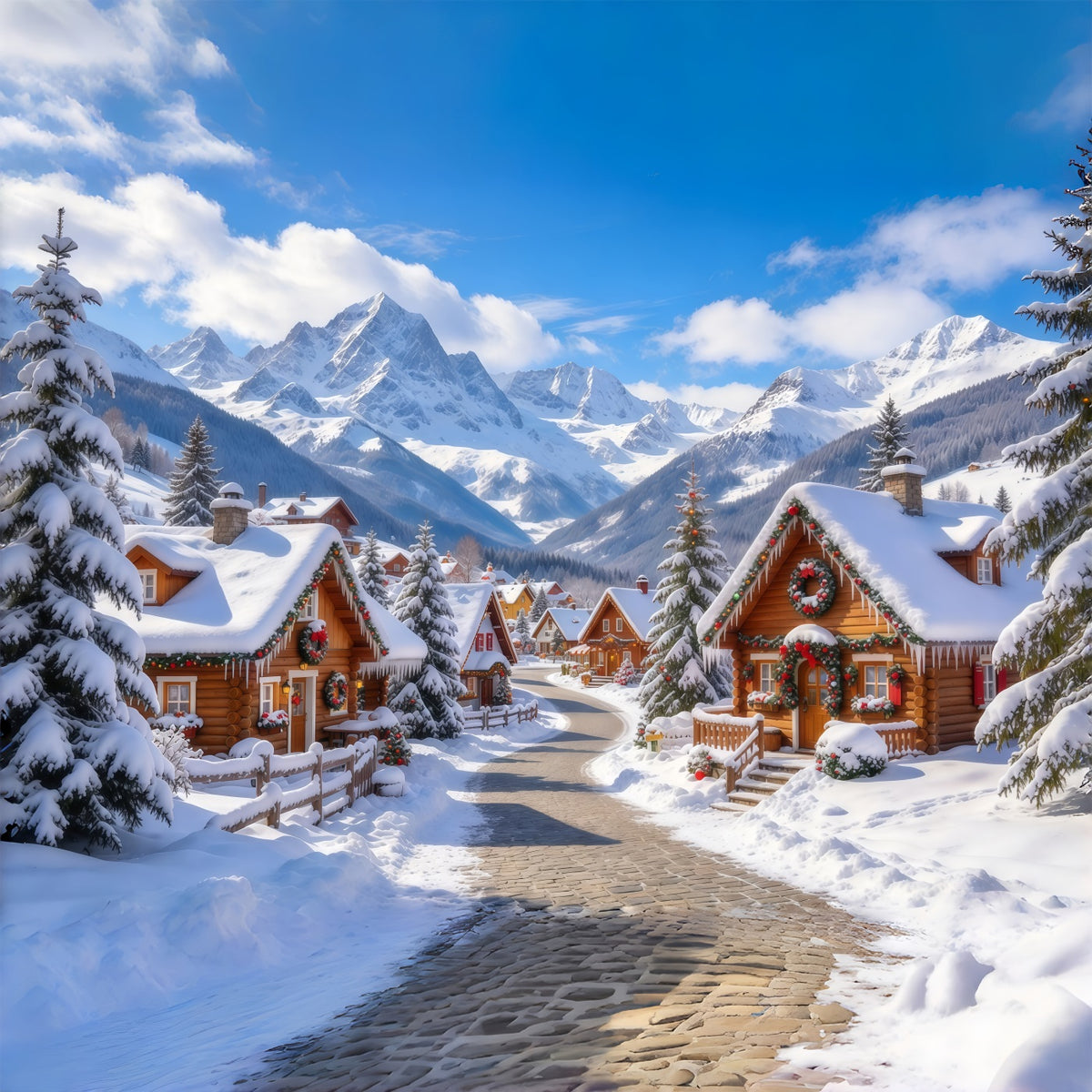 Christmas Village Backdrop Snowy Alpine Cabin Countryside Christmas Backdrop Cloth GQ69-107