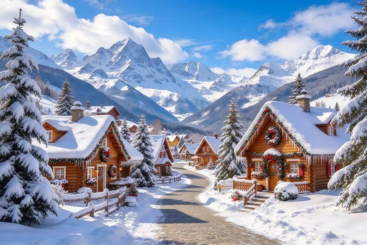 Christmas Village Backdrop Snowy Alpine Cabin Countryside Christmas Backdrop Cloth GQ69-107