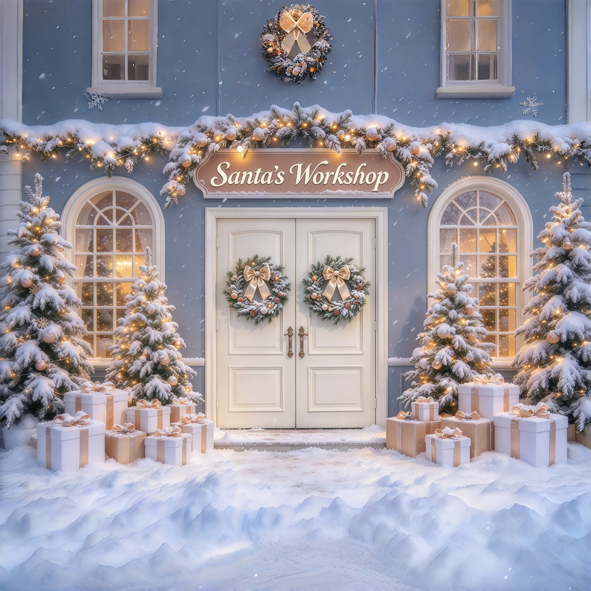 High Resolution Christmas Backdrops Snowy Door Display Santas Workshop Photo Backdrop GQ69-108