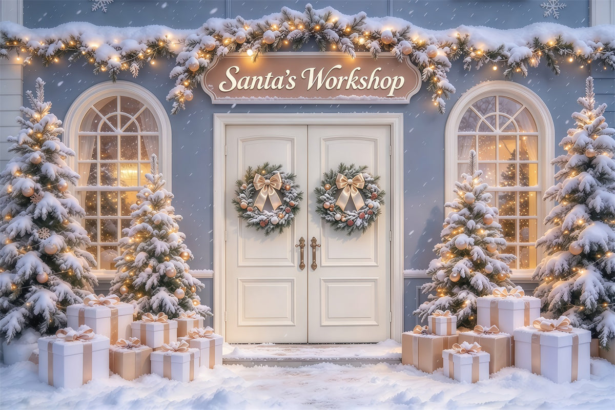 High Resolution Christmas Backdrops Snowy Door Display Santas Workshop Photo Backdrop GQ69-108