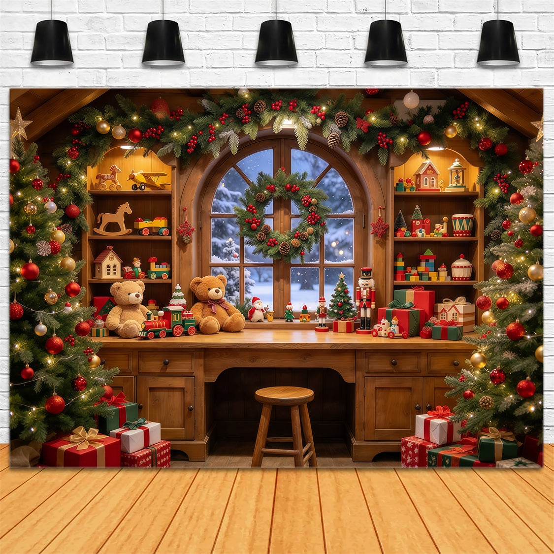 Christmas Backdrop Santa Workshop Cozy Toy Room Interior Backdrop For Pictures With Santa GQ69-109