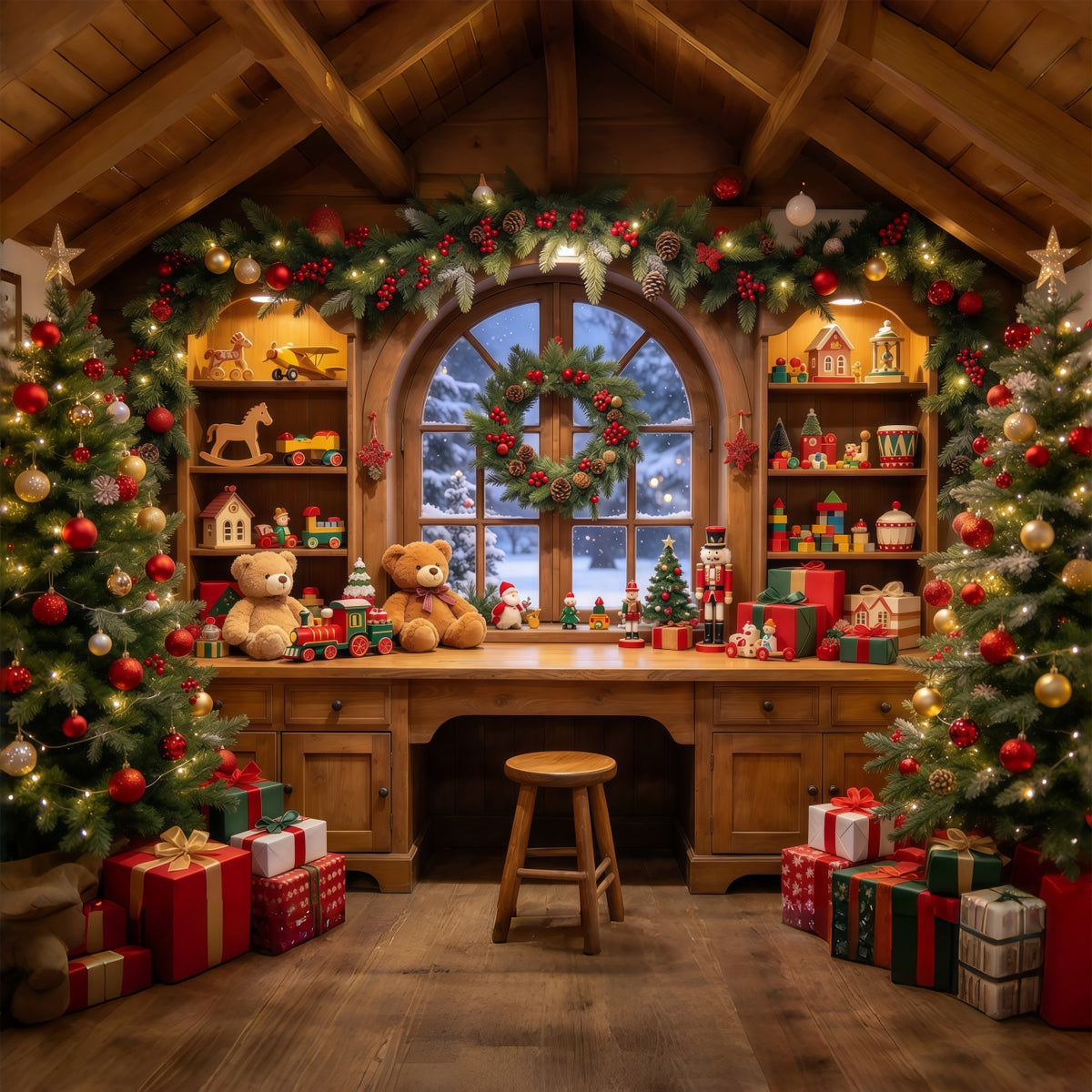 Christmas Backdrop Santa Workshop Cozy Toy Room Interior Backdrop For Pictures With Santa GQ69-109