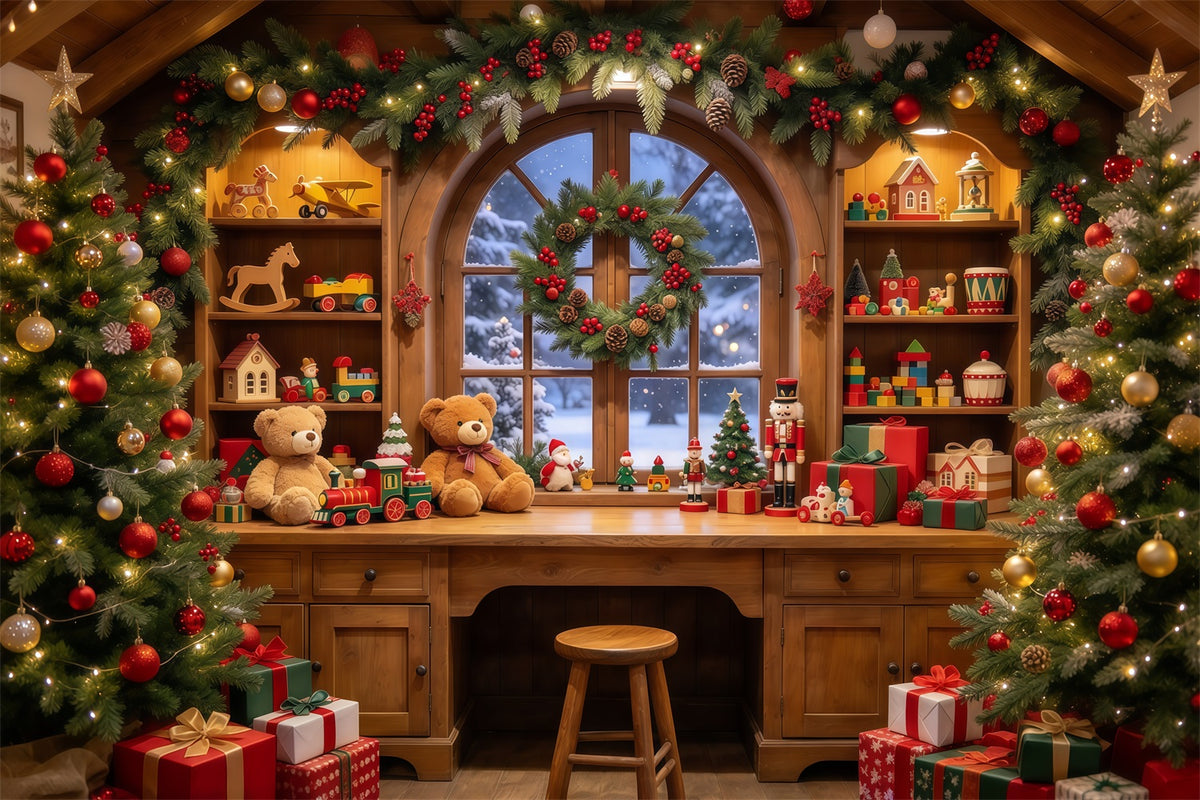 Christmas Backdrop Santa Workshop Cozy Toy Room Interior Backdrop For Pictures With Santa GQ69-109