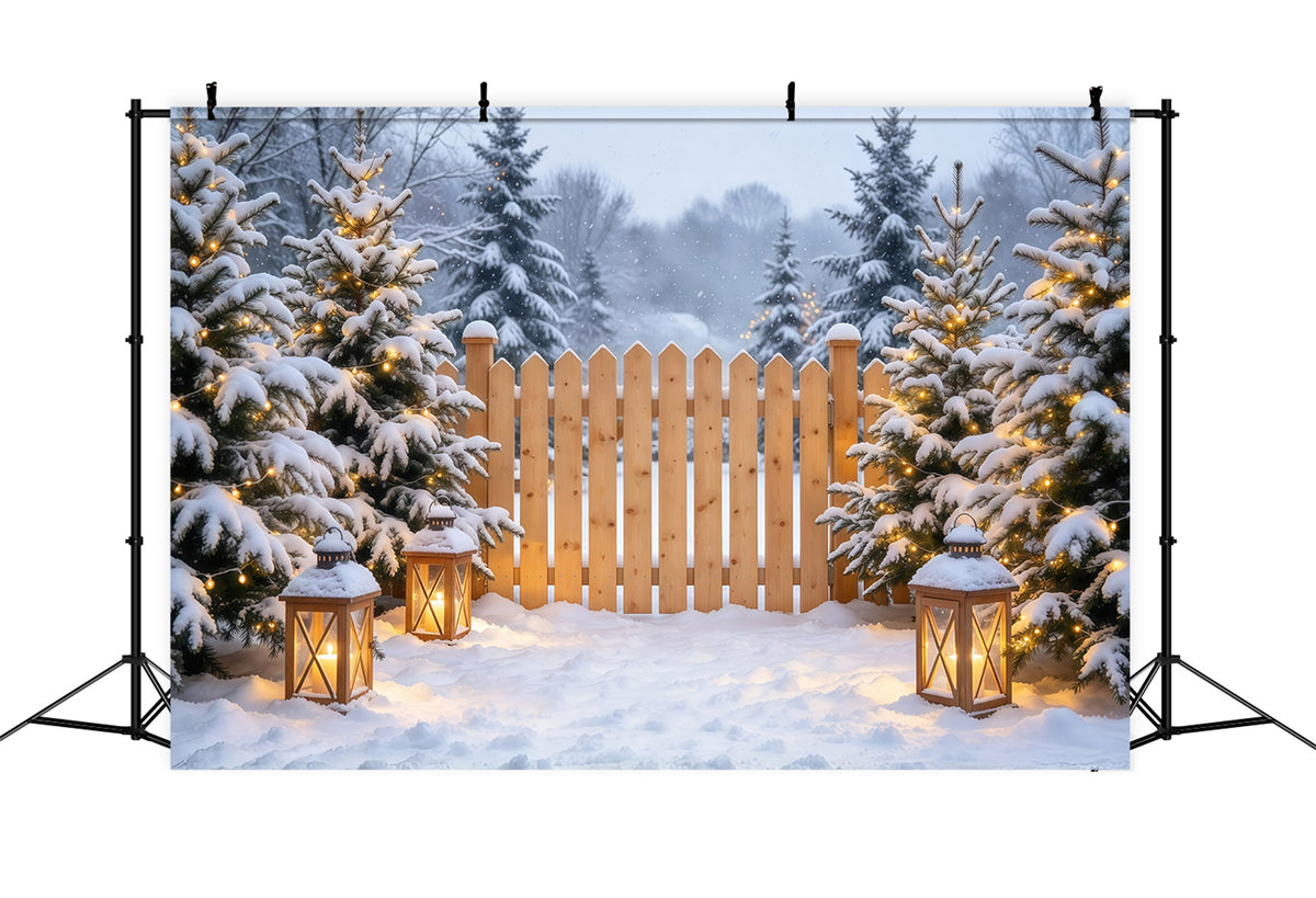 Christmas Backdrop Outside Snowy Pine Lantern Fence Cloth Christmas Backdrops GQ69-110