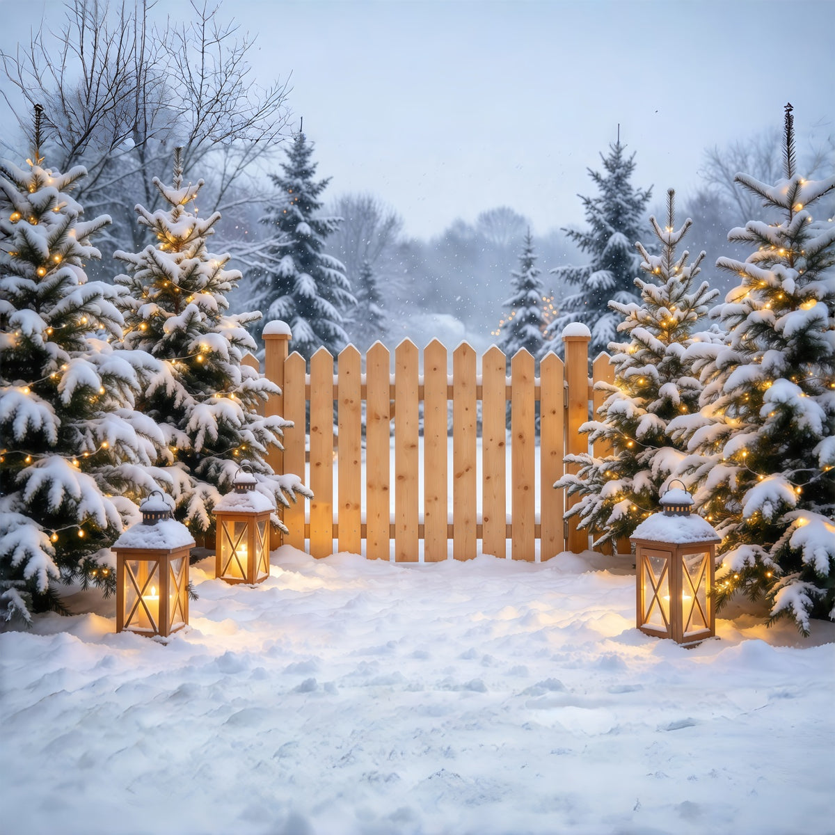 Christmas Backdrop Outside Snowy Pine Lantern Fence Cloth Christmas Backdrops GQ69-110