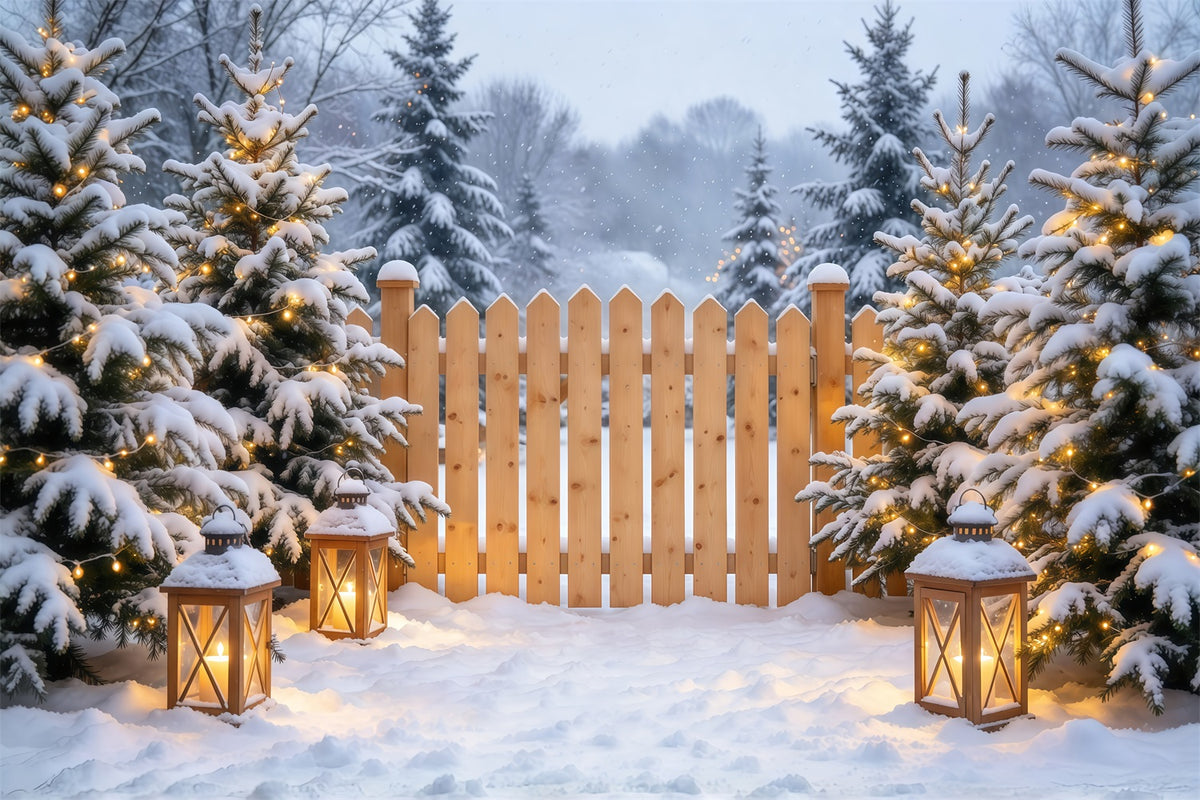 Christmas Backdrop Outside Snowy Pine Lantern Fence Cloth Christmas Backdrops GQ69-110