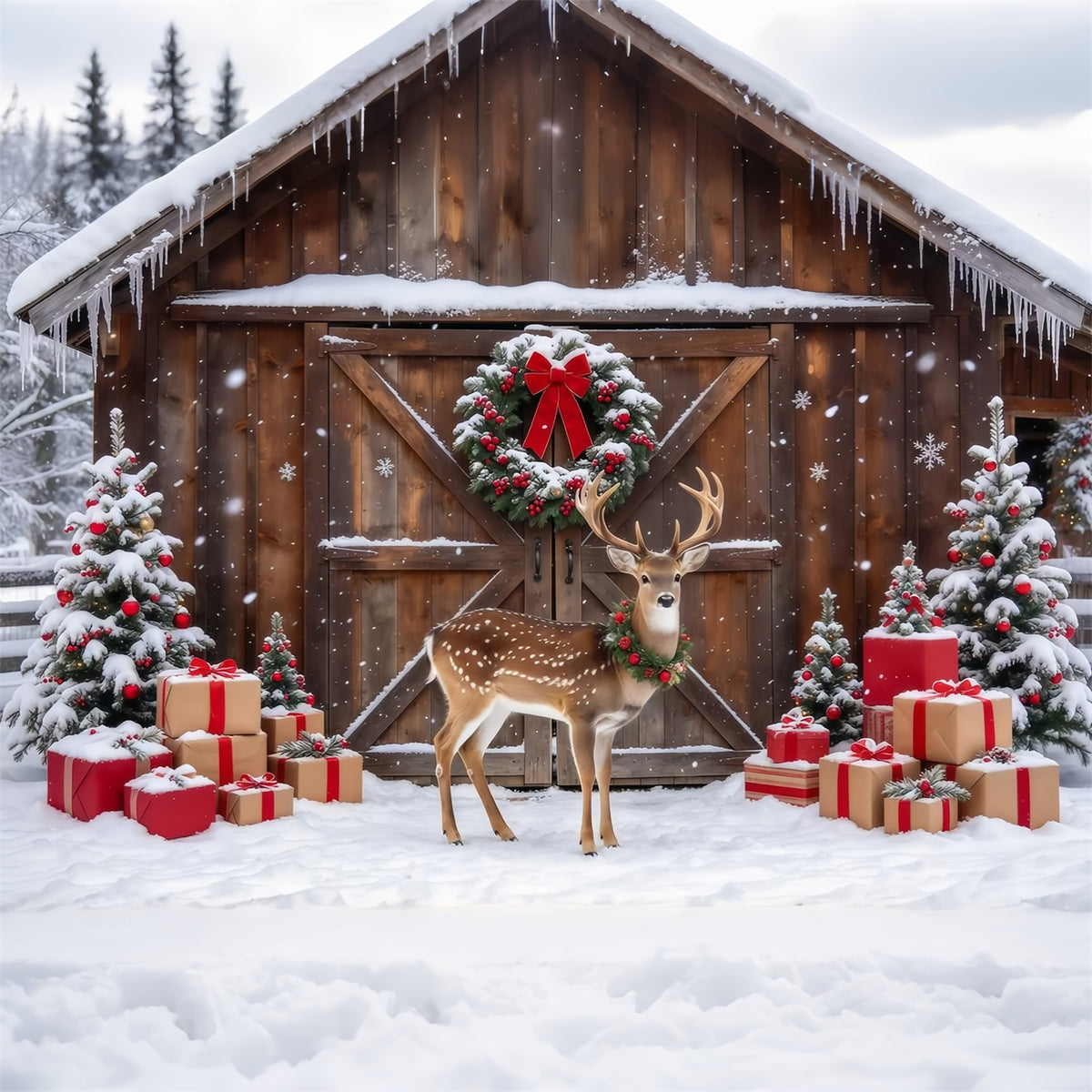 Country Christmas Photo Backdrop Snowy Reindeer Barn Display Reindeer Photo Backdrop GQ69-111